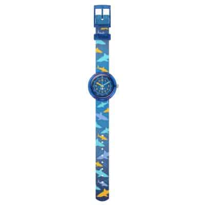 montre flik flak enfant shark gang bracelet textile bleu avec requins bleu et orange