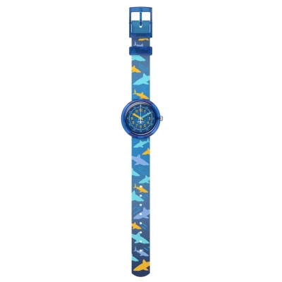 montre flik flak enfant shark gang bracelet textile bleu avec requins bleu et orange