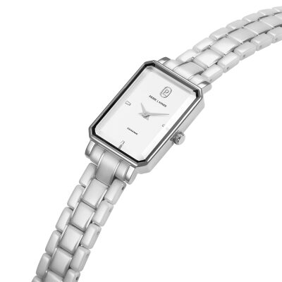 montre pierre lannier femme arianne acier et céramique blanche quartz boitier rectangulaire