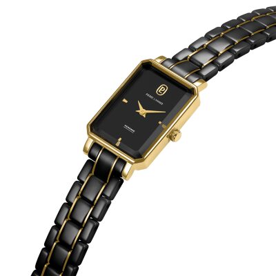 montre pierre lannier femme ariane acier doré et céramique noire rectangulaire