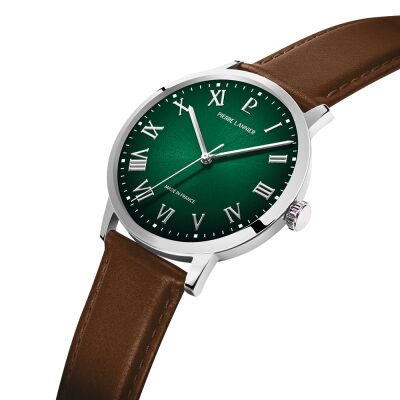 montre pierre lannier homme interval acier cadran vert bracelet cuir marron quartz 40 mm