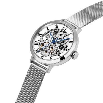 montre pierre lannier automatique femme 35 mm bracelet maille milanaise gris
