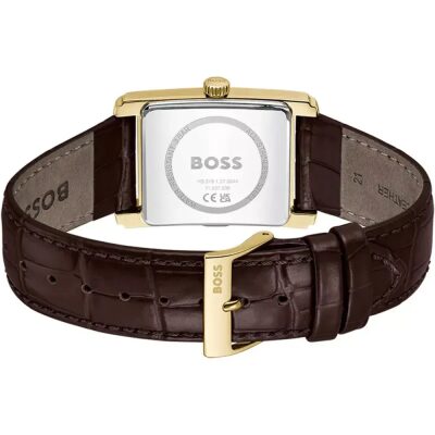 montre-boss-collection-principle-dress-acier doré en-cuir-marron face arrière boucles simple