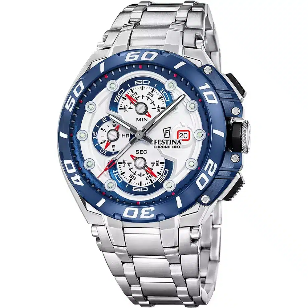 montre-festina-collection-chrono-bike-en-acier-argente F207541 montre-festina-collection-chrono-bike-en-acier-argente lunette bleue chronographe