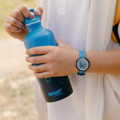 montre flik flak quench in blue gourde avec enfant coffret
