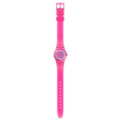 montre swatch lady femme prismatically pink bracelet silicone rose à plat 25 mm