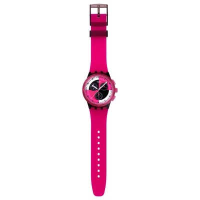 montre swatch original chrono fuchsia lines rose réédition années 80 rose fluo