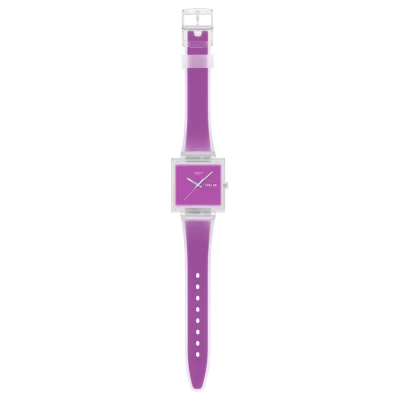 montre swatch what if see thur magenta mixte vue bracelet allongé violet en silicone